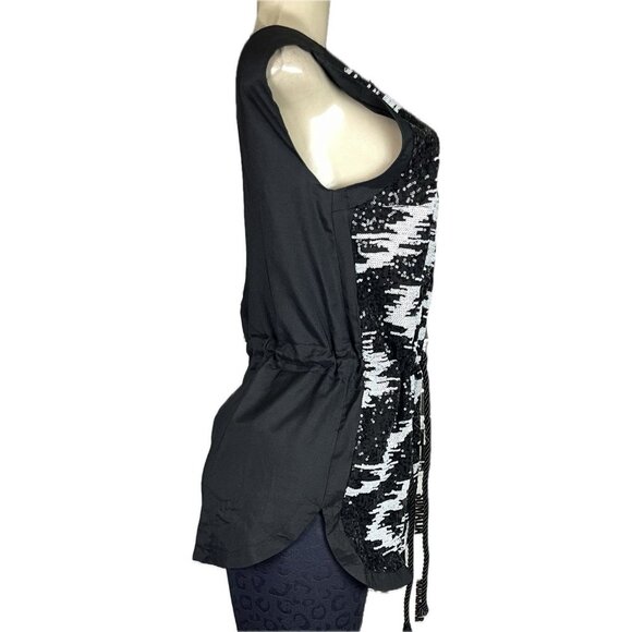 Hype L Black-White Sequin Lined Open Back Drawstring Cord Waist Sleeveless Top - Picture 3 of 6